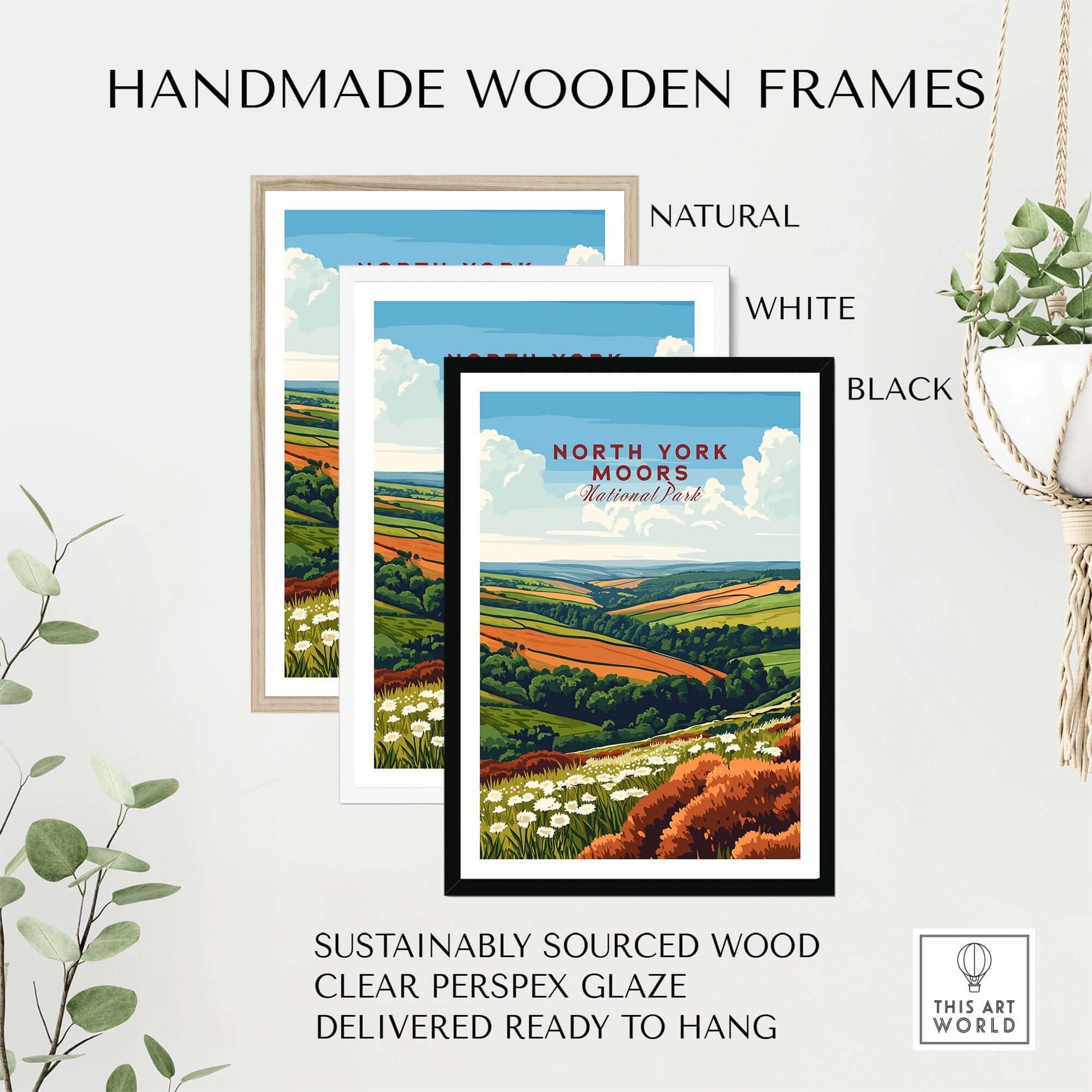 Handmade wooden frames featuring North York Moors Travel Print in natural, white, and black colors.
