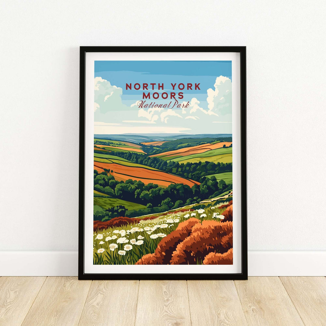 North York Moors National Park travel print showcasing vibrant landscapes and beautiful skies in a framed artwork.