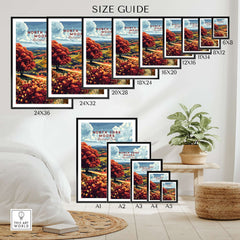 Size guide for North York Moors Wall Art showcasing various frame sizes and beautiful landscape design.