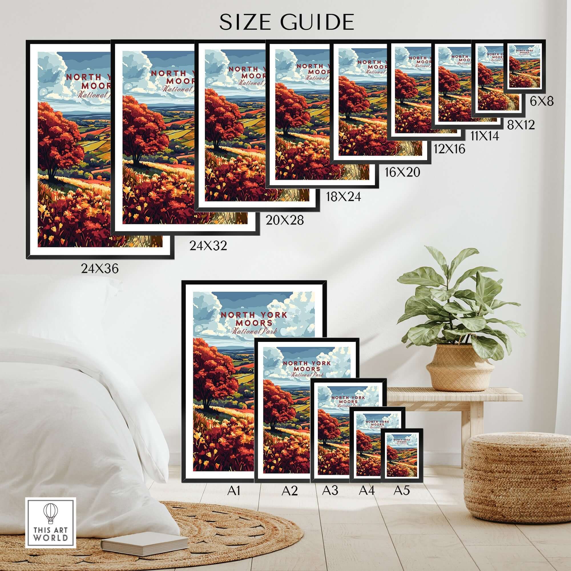 Size guide for North York Moors Wall Art showcasing various frame sizes and beautiful landscape design.