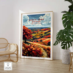 North York Moors Wall Art showcasing vibrant landscapes and autumn colors in a stylish interior setting.