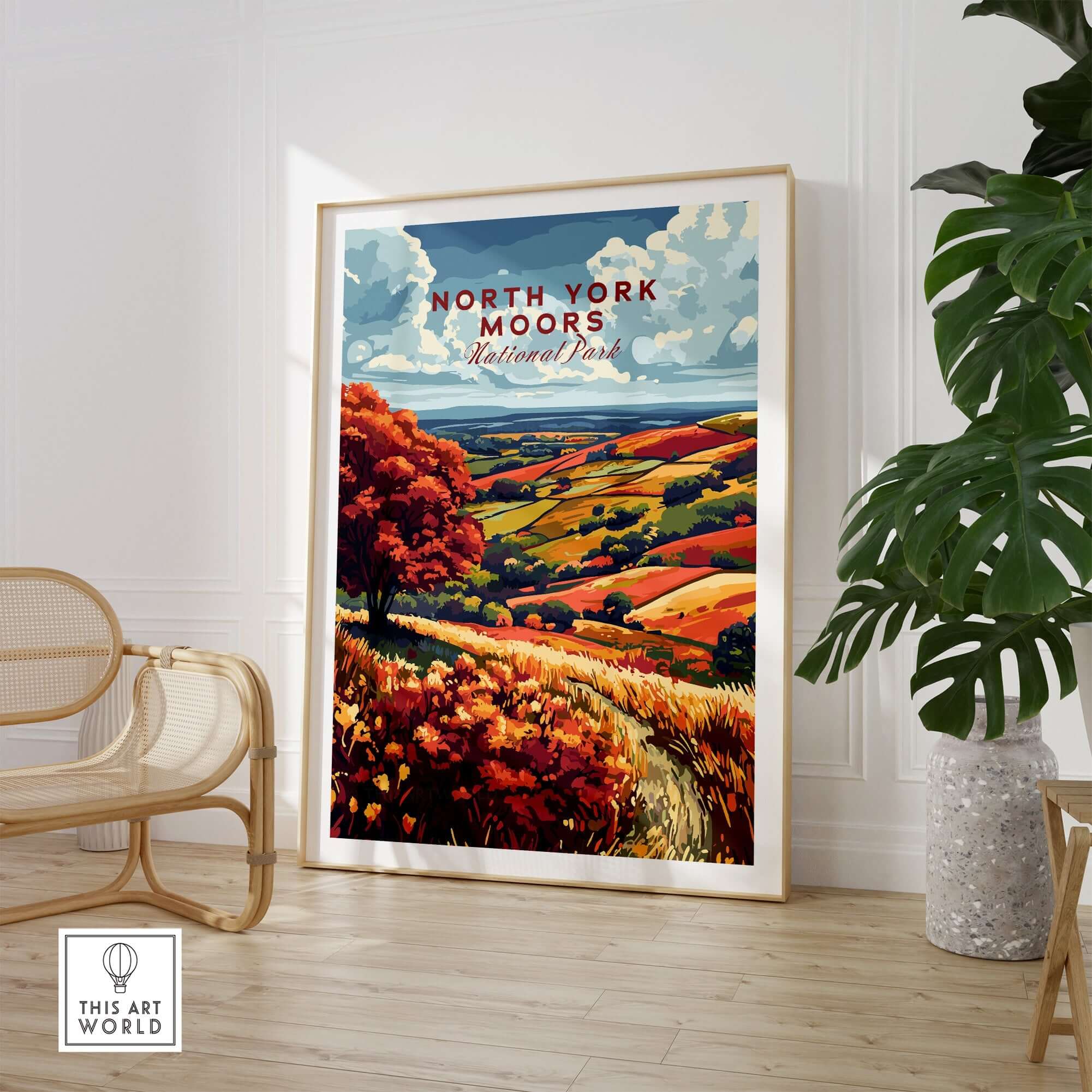 North York Moors Wall Art showcasing vibrant landscapes and autumn colors in a stylish interior setting.