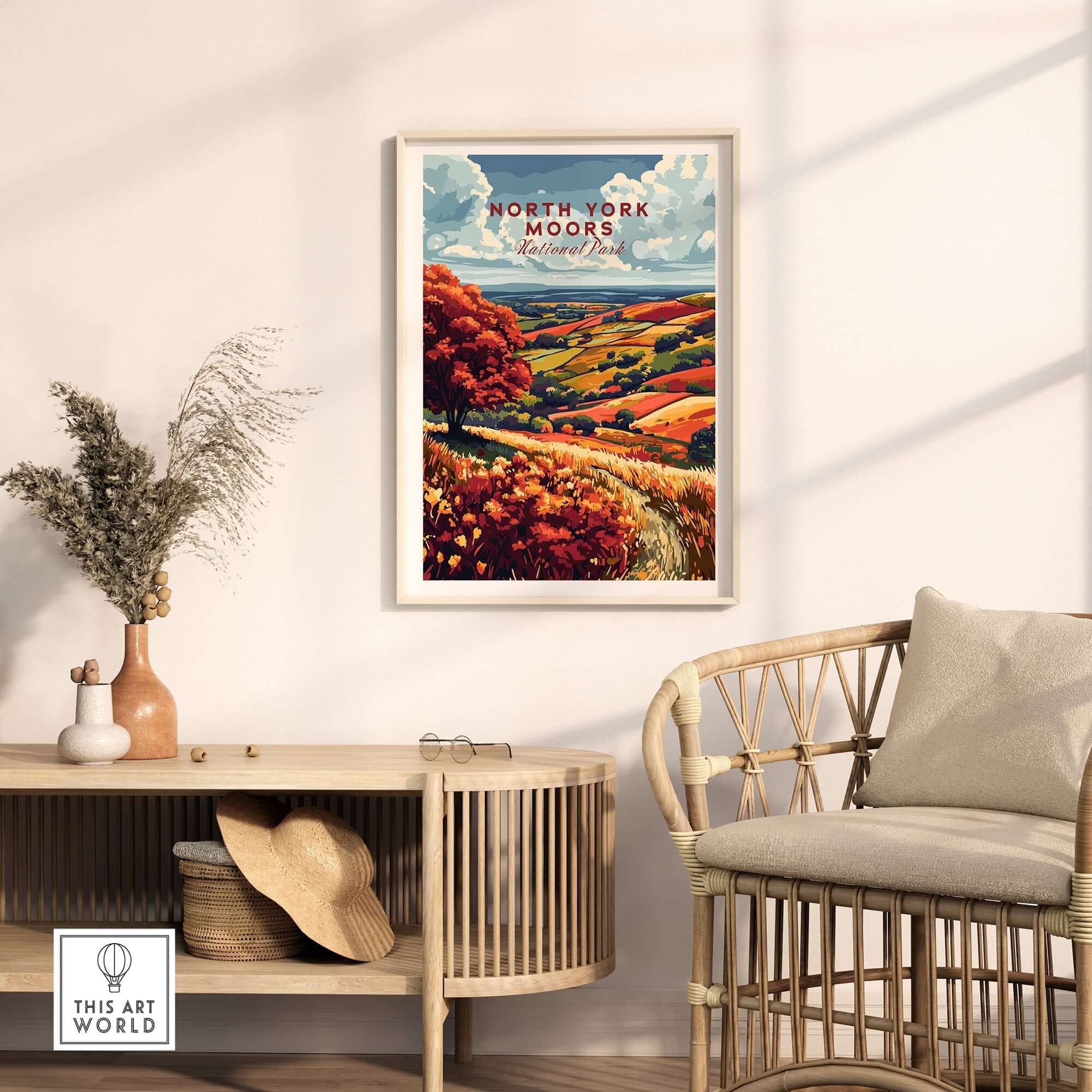 North York Moors Wall Art showcasing vibrant landscapes in a stylish living room setting.