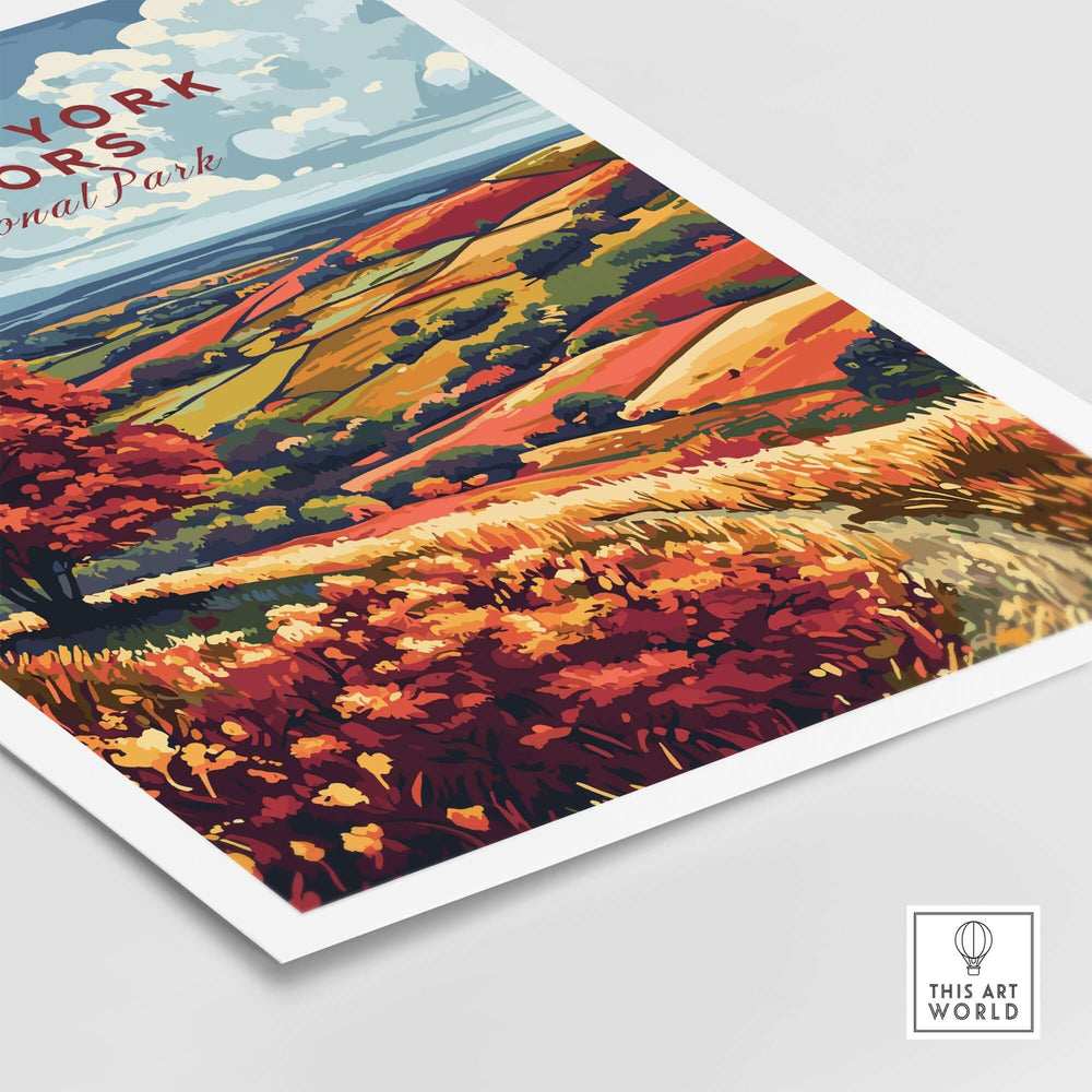 North York Moors wall art showcasing vibrant landscapes and autumn foliage in a colorful print.