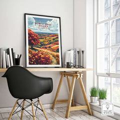 North York Moors Wall Art displayed in a modern room with a stylish chair and desk, showcasing beautiful landscapes.