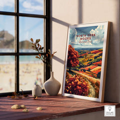 North York Moors Wall Art displayed on a wooden table near a window with a scenic view.