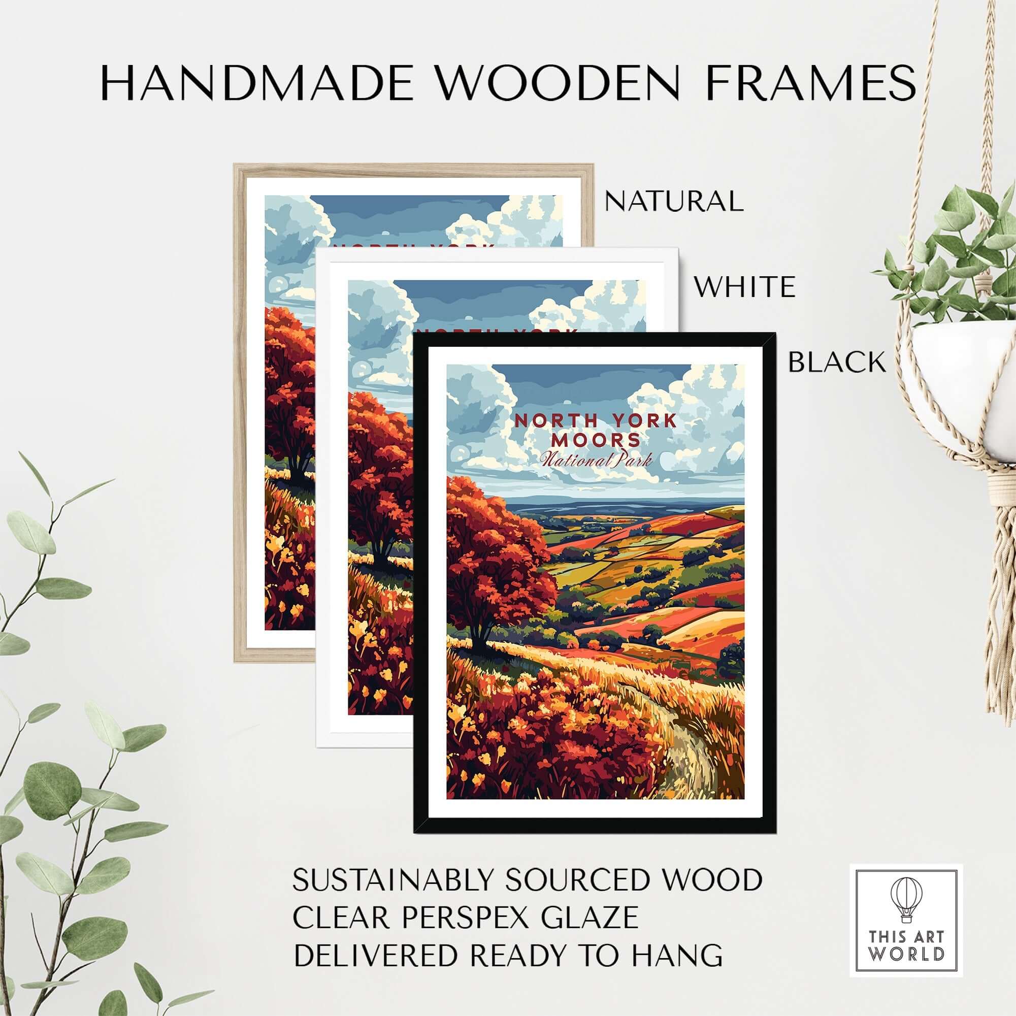 North York Moors Wall Art displayed in handmade wooden frames in natural, white, and black options.