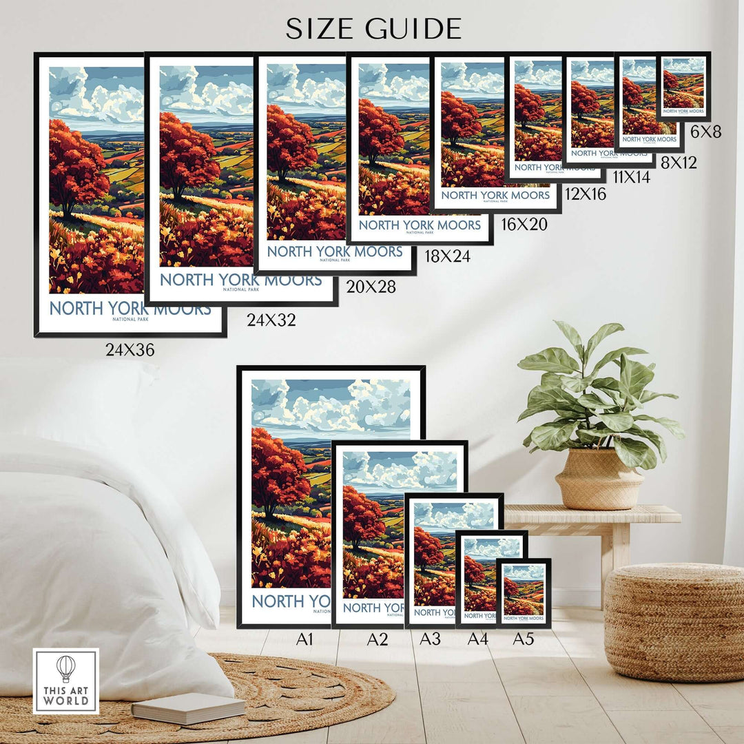 North York Moors wall art print size guide with various frame dimensions displayed in a cozy room setting.