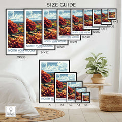 North York Moors Wall Art Print size guide showing various print sizes and vibrant landscape design.