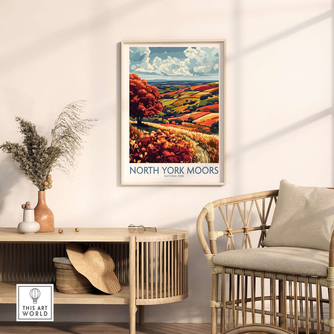 North York Moors wall art print showcasing vibrant colors in a stylish living room setting.