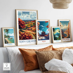 North York Moors Wall Art Print displayed among other framed prints on a wall with decorative pillows.