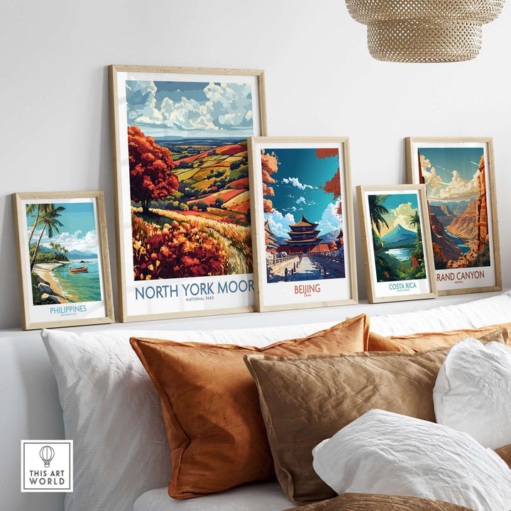 North York Moors wall art print displayed among other travel-themed prints in a stylish living room setting.