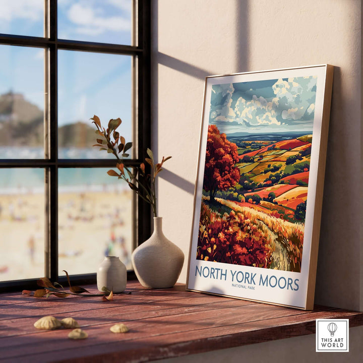 North York Moors wall art print displayed indoors, showcasing vibrant colors and nature-inspired design. Perfect for home decor.