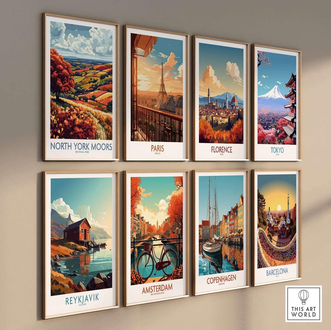 Colorful wall art prints featuring landscapes from North York Moors, Paris, Florence, Tokyo, Reykjavik, Amsterdam, Copenhagen, and Barcelona.