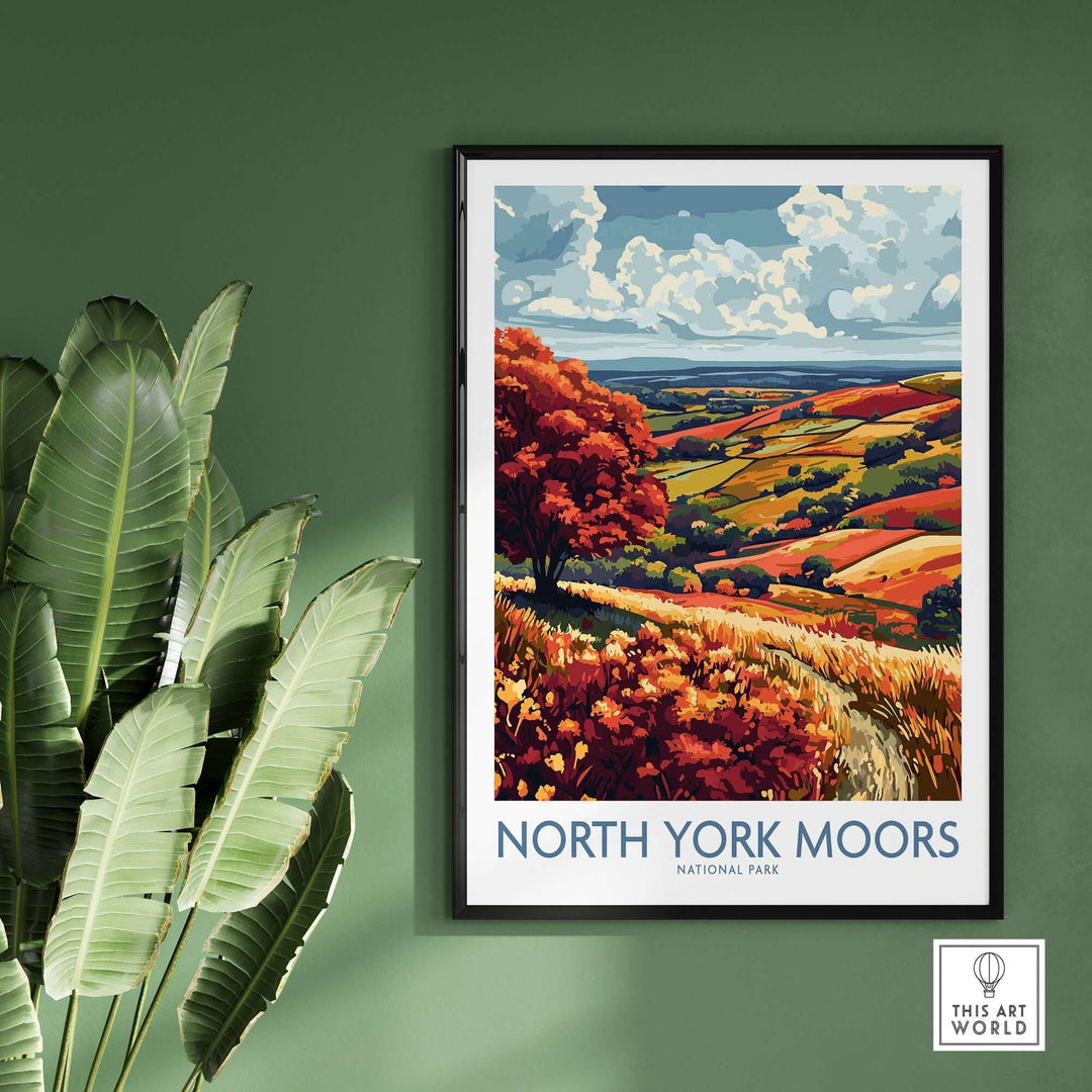 North York Moors wall art print showcasing vibrant landscape colors and intricate details in a modern frame.