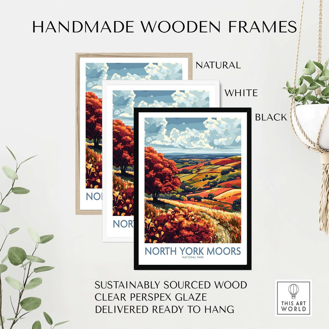 Handmade wooden frames in natural, white, and black showcasing North York Moors artwork, ready to hang.