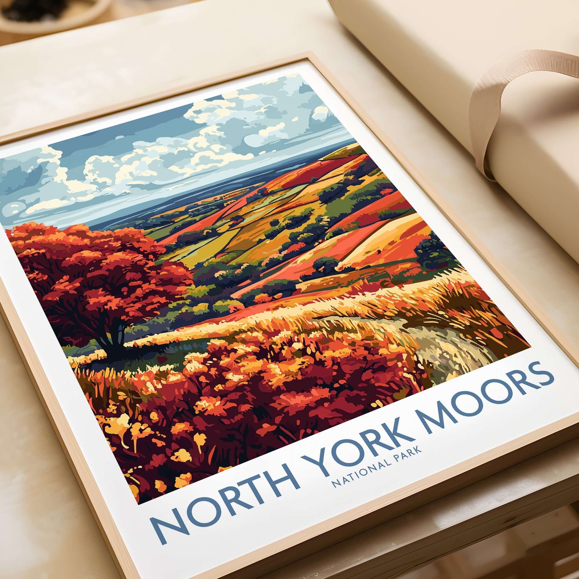 Vibrant North York Moors Wall Art Print showcasing colorful landscape in a frame.