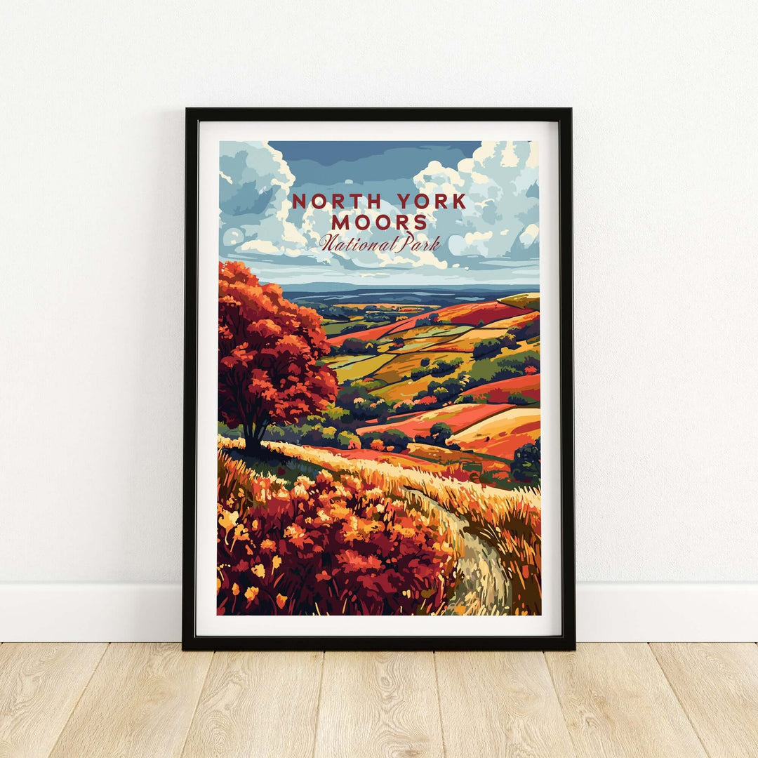 North York Moors wall art print featuring vibrant landscapes and autumn colors in a stylish frame.