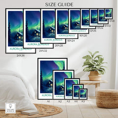 Northern Lights Poster size guide showcasing various dimensions and styles for the Aurora Borealis print.
