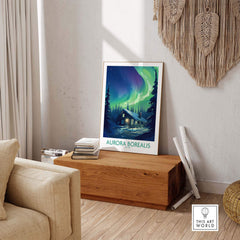 Northern Lights Poster featuring a cabin and the mesmerizing Aurora Borealis in a cozy interior setting.