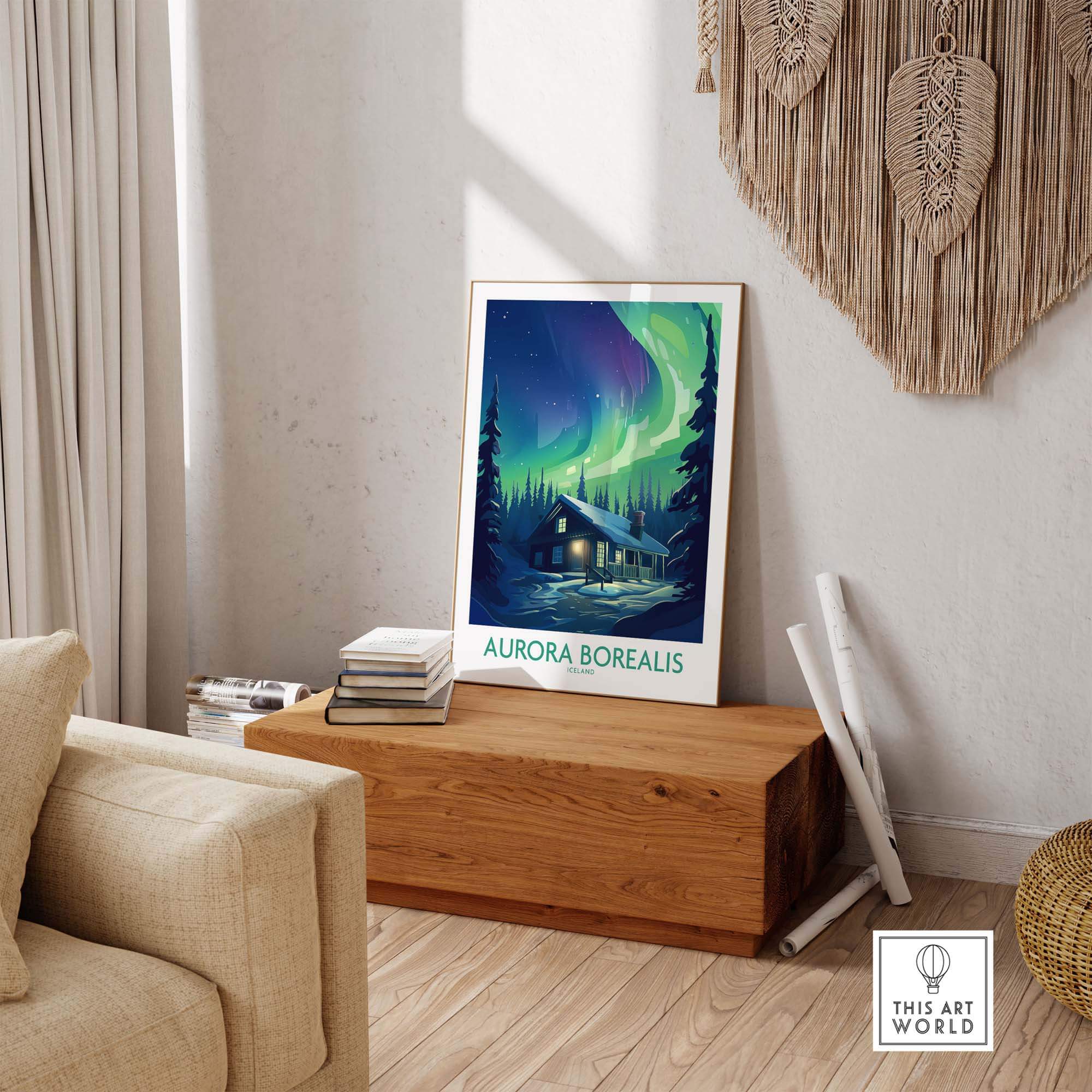 Northern Lights Poster featuring a cabin and the mesmerizing Aurora Borealis in a cozy interior setting.