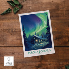 Northern Lights Poster featuring a stunning Aurora Borealis over a log cabin in an Icelandic forest.