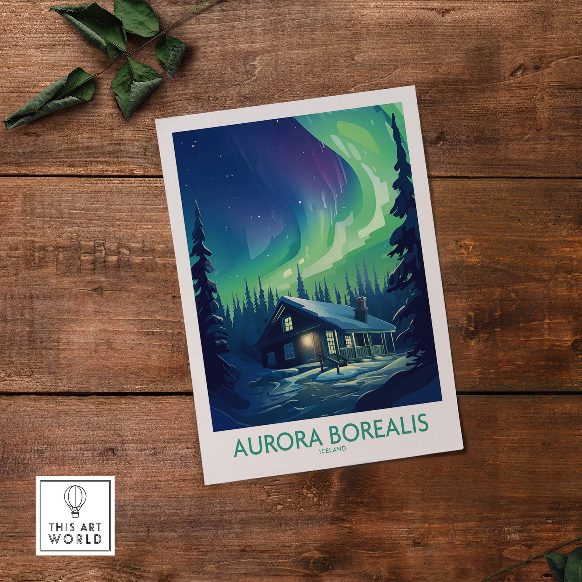 Northern Lights Poster featuring a stunning Aurora Borealis over a log cabin in an Icelandic forest.
