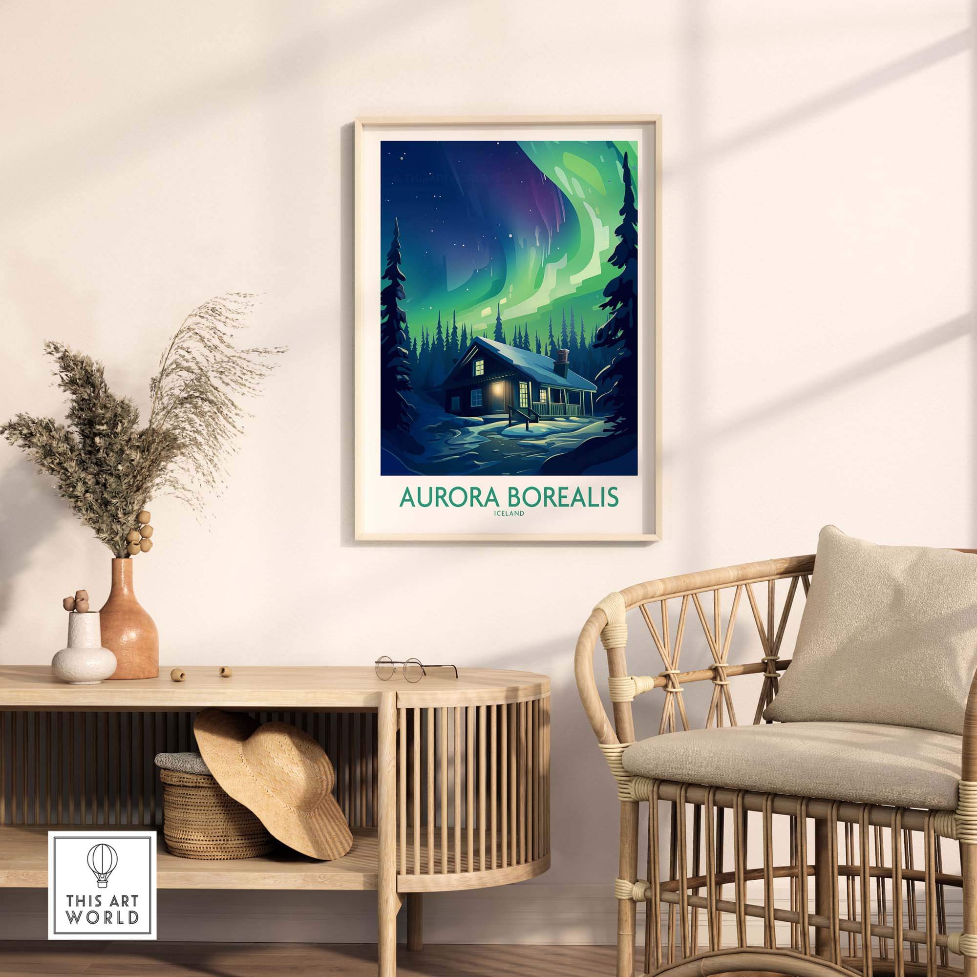 Northern Lights Poster featuring a snowy forest and log cabin under the Aurora Borealis.