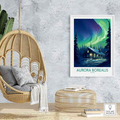 Northern Lights Poster featuring a serene log cabin and vibrant Aurora Borealis in an Icelandic forest.