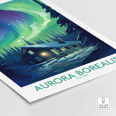 Northern Lights Poster featuring a log cabin under the stunning Aurora Borealis in a snow-covered forest.