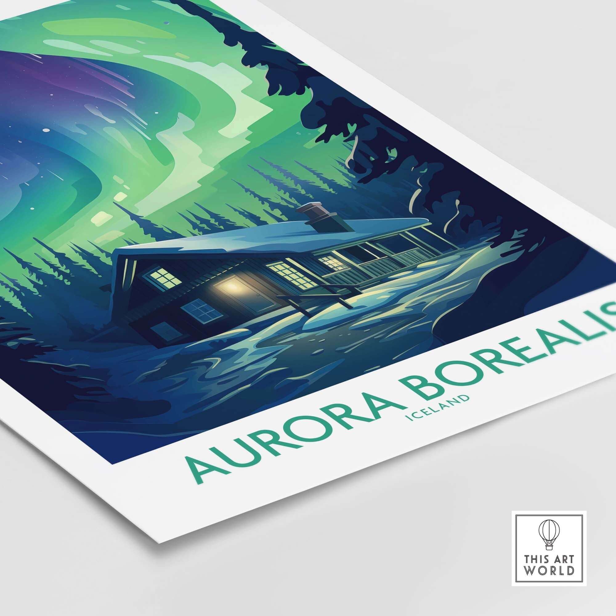 Northern Lights Poster featuring a log cabin under the stunning Aurora Borealis in a snow-covered forest.