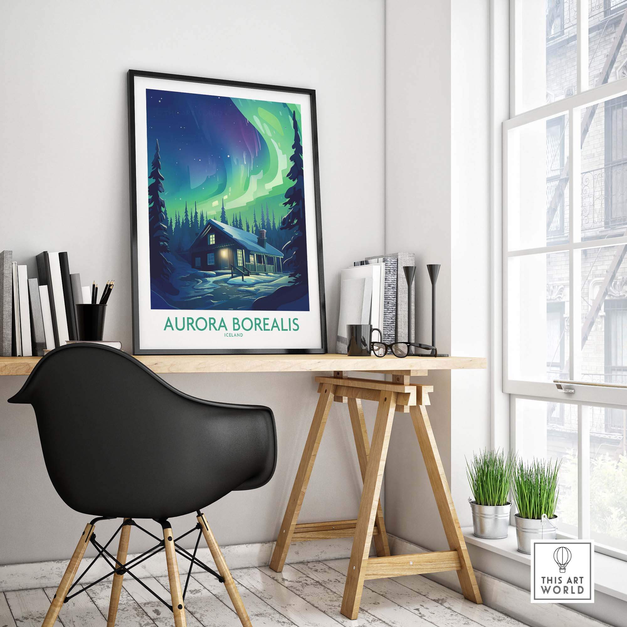 Northern Lights Poster displayed in a modern workspace featuring a cozy log cabin under the Aurora Borealis.