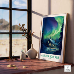 Northern Lights Poster featuring a stunning Aurora Borealis scene with a log cabin in an Icelandic forest.