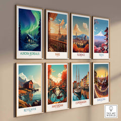 Northern Lights Poster featuring stunning Aurora Borealis in a snowy setting with a cozy cabin.