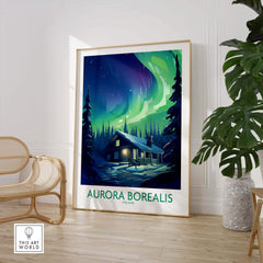 Northern Lights Poster featuring a beautiful aurora borealis over a cabin in a snow-covered forest