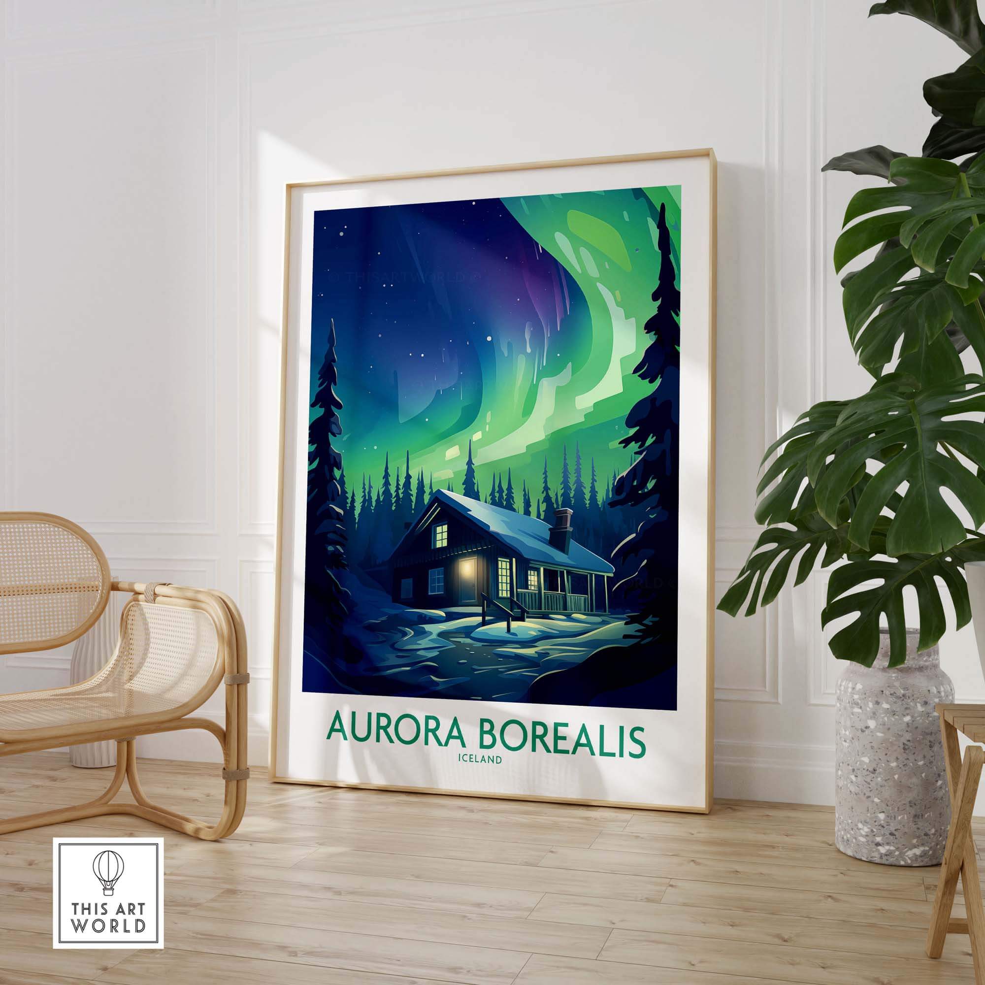 Northern Lights Poster featuring a beautiful aurora borealis over a cabin in a snow-covered forest