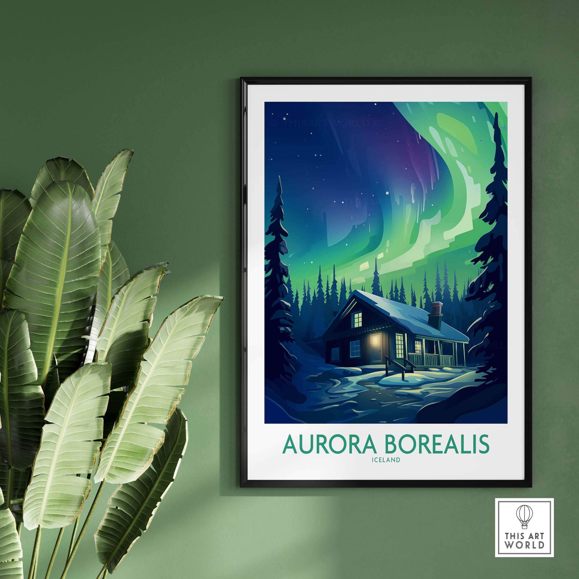 Northern Lights Poster featuring a stunning Aurora Borealis over a log cabin in a snow-covered forest.