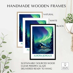 Handmade wooden frames for Northern Lights Poster featuring Aurora Borealis with options in natural, white, and black.