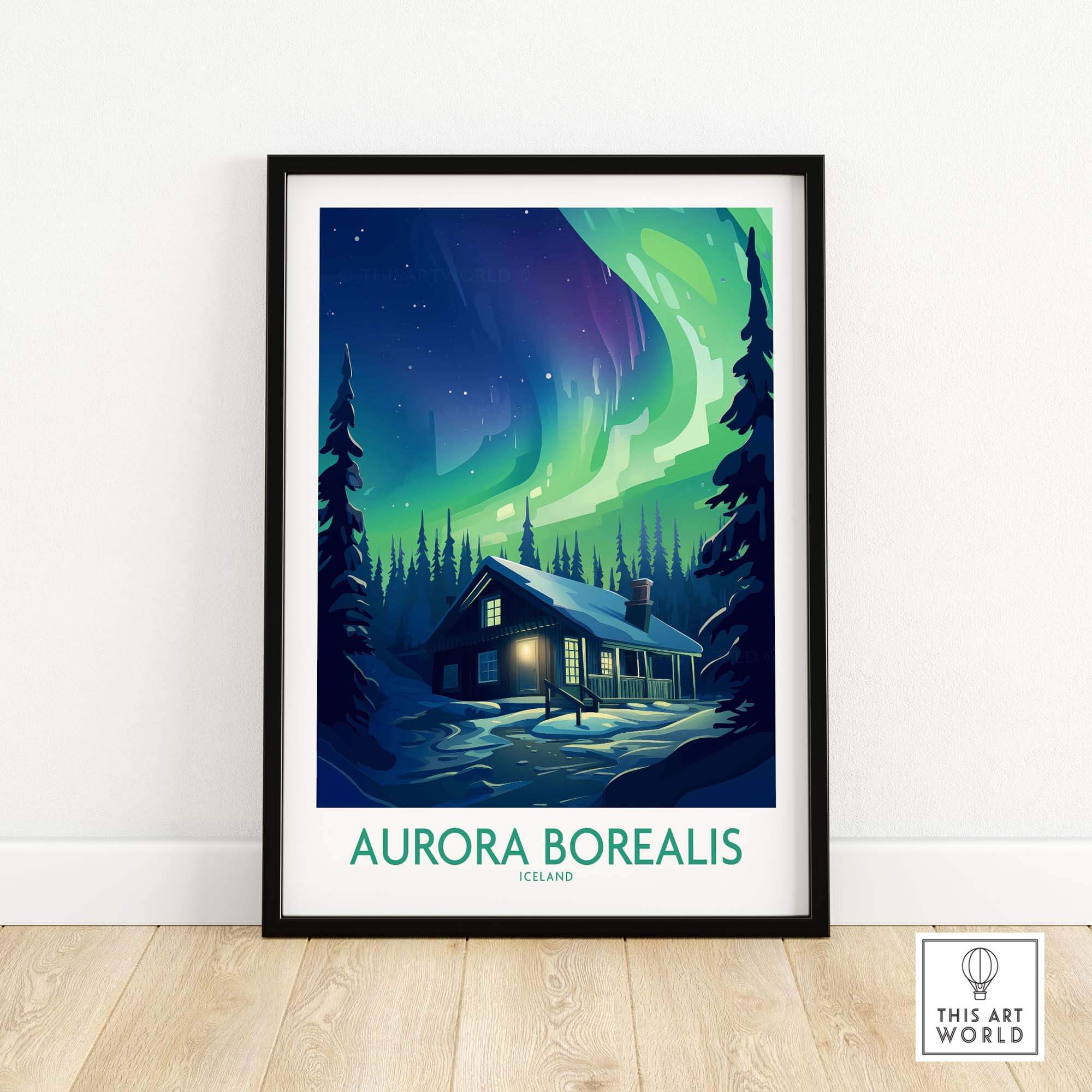 Northern Lights Poster featuring a cozy cabin under the colorful Aurora Borealis in Iceland.