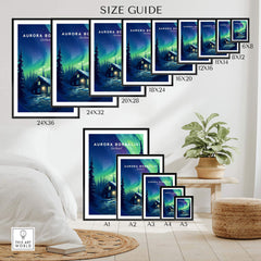 Size guide for Northern Lights Print showcasing various dimensions of Aurora Borealis wall art.