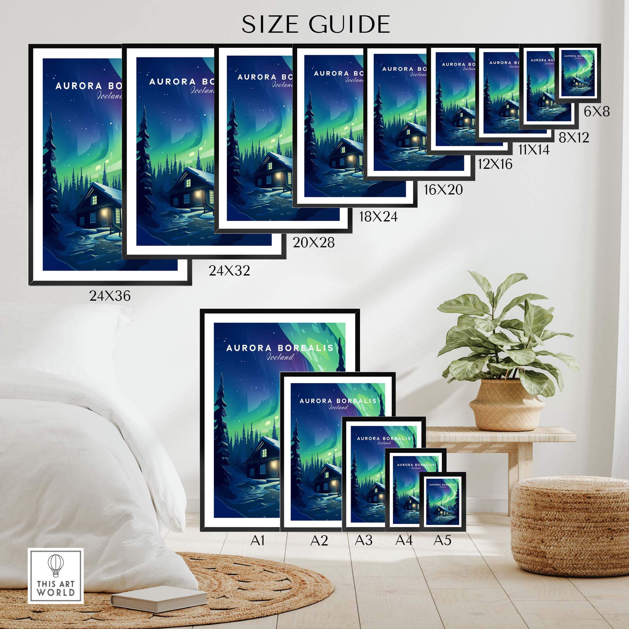 Size guide for Northern Lights Print showcasing various dimensions of Aurora Borealis wall art.