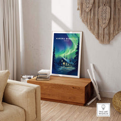 Northern Lights Print showcasing a captivating Aurora Borealis scene in a cozy interior setting.