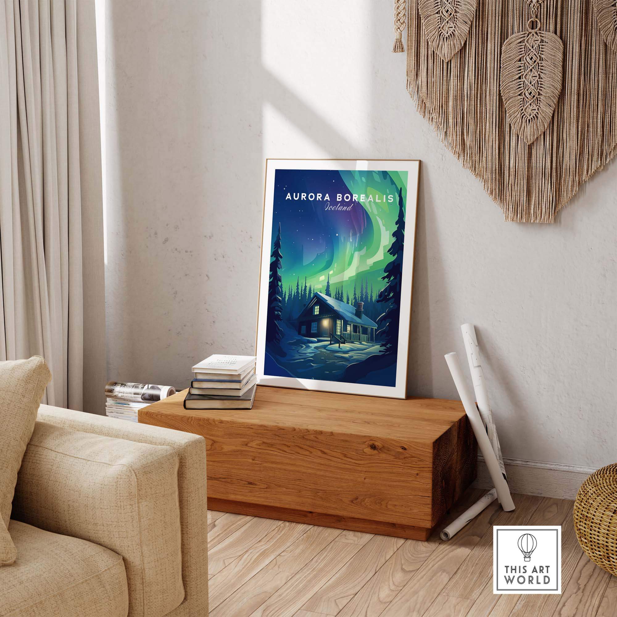 Northern Lights Print showcasing a captivating Aurora Borealis scene in a cozy interior setting.
