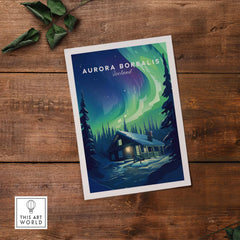 Northern Lights Print featuring Aurora Borealis in Iceland, showcasing a cozy cabin under colorful night skies.