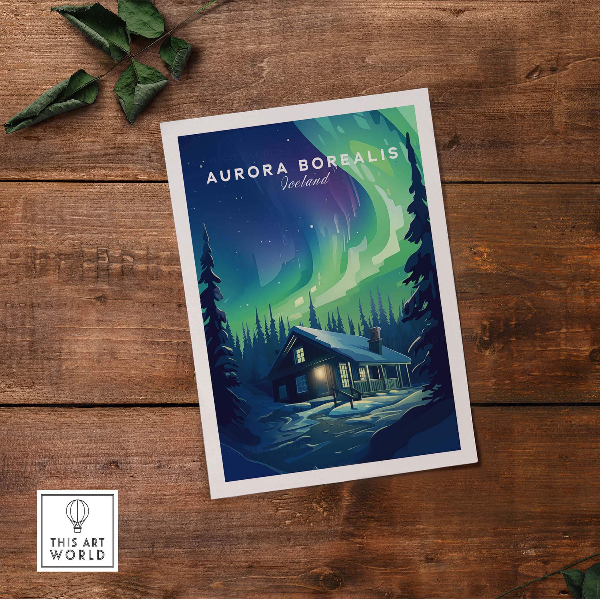 Northern Lights Print featuring Aurora Borealis in Iceland, showcasing a cozy cabin under colorful night skies.