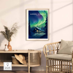 Stunning Northern Lights Print featuring Aurora Borealis in an Icelandic landscape, ideal for home decor.
