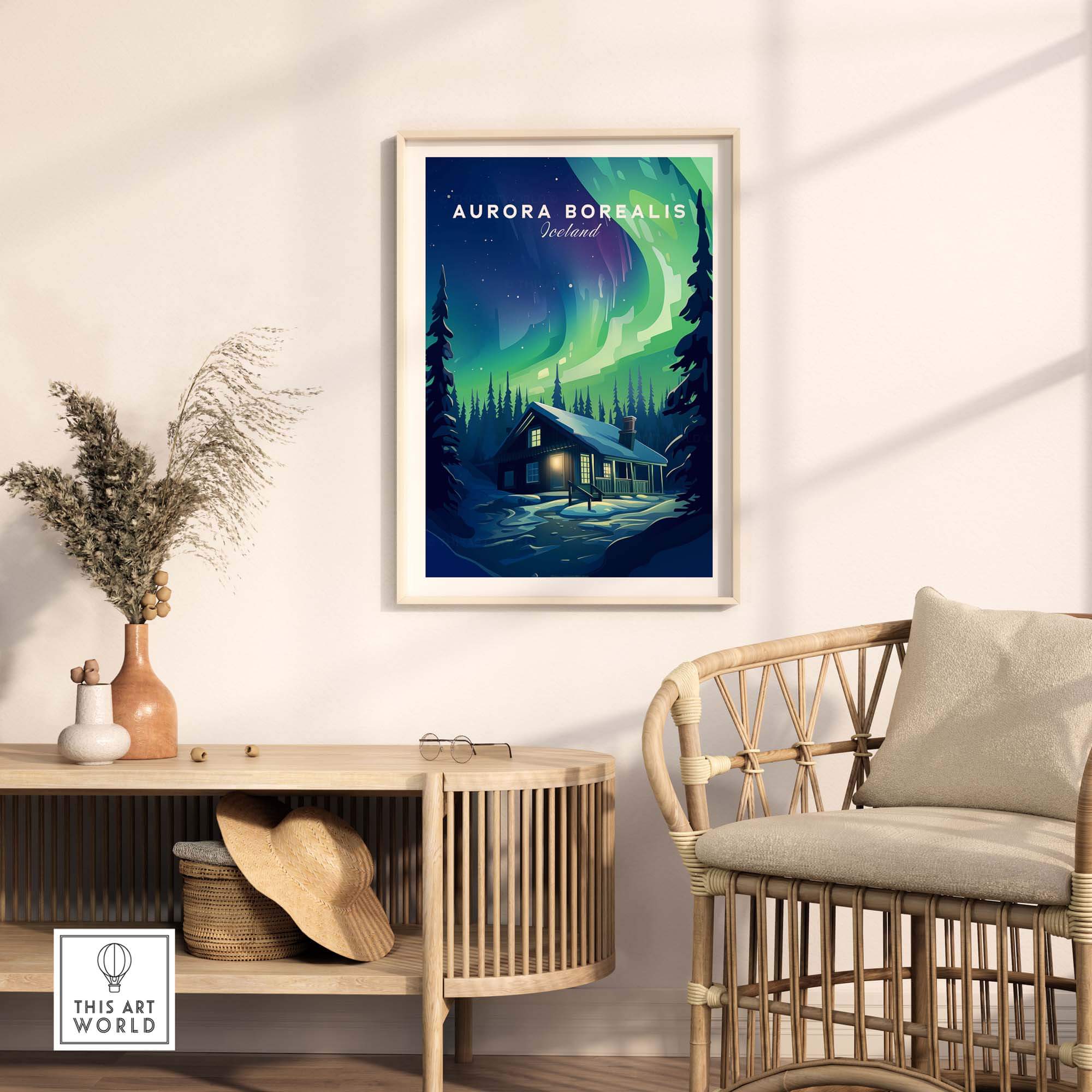 Stunning Northern Lights Print featuring Aurora Borealis in an Icelandic landscape, ideal for home decor.