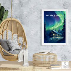 Northern Lights Print featuring a cozy cabin under the Aurora Borealis in Iceland, perfect for nature lovers.