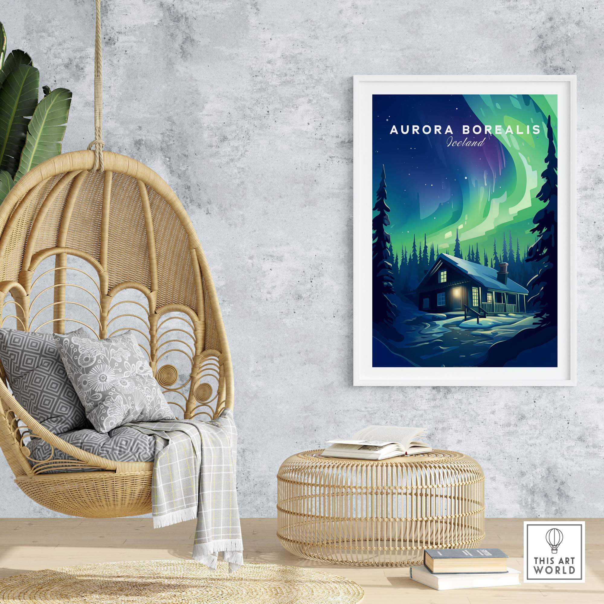 Northern Lights Print featuring a cozy cabin under the Aurora Borealis in Iceland, perfect for nature lovers.