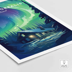 Northern Lights Print featuring a cozy cabin under the vibrant Aurora Borealis in a snowy landscape.